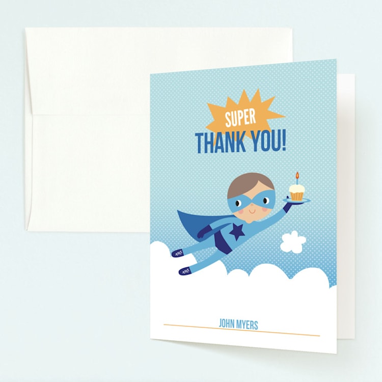 "Super Birthday Boy" - Children's Birthday Party Thank You Cards in Royal Blue by Tara Lilly Studio - Front