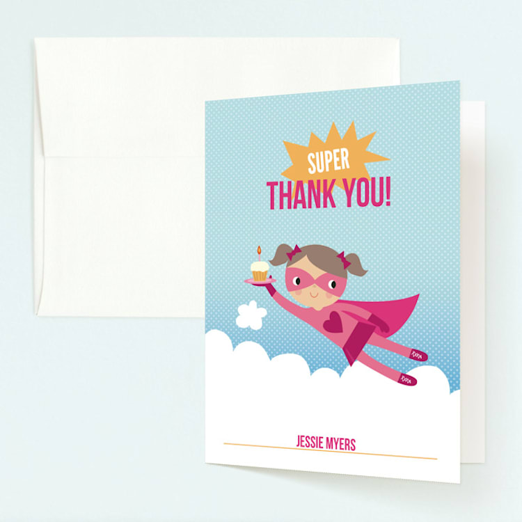 "Super Birthday Girl" - Children's Birthday Party Thank You Cards in Magenta by Tara Lilly Studio - Front