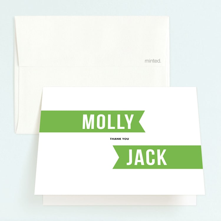 "Twin Voice" - Children's Birthday Party Thank You Cards in Kelly Green by Sara Hicks Malone - Front