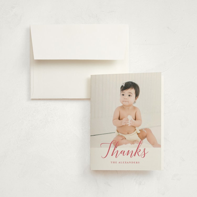 "Big Script" - Children's Birthday Party Thank You Cards in Blush by Genna Blackburn - Front