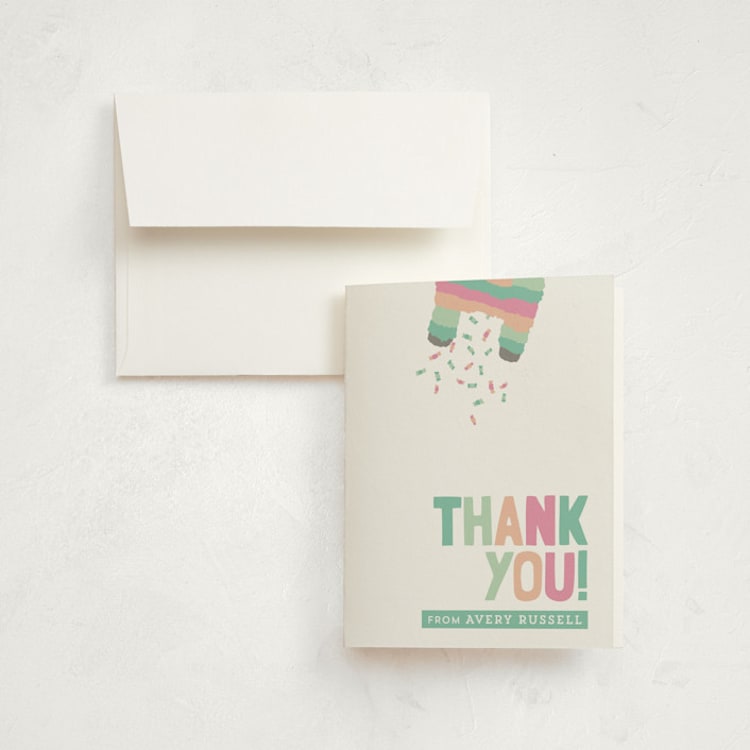 "Pinata" - Children's Birthday Party Thank You Cards in Seafoam by Keen Peachy - Front