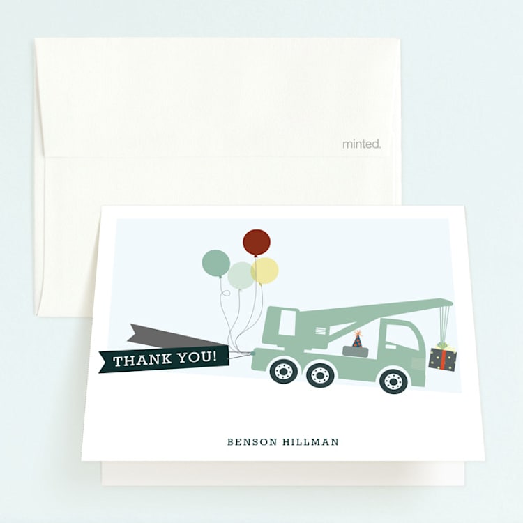"Trucks on Parade" - Children's Birthday Party Thank You Cards in Grass by Rebecca Bowen - Front