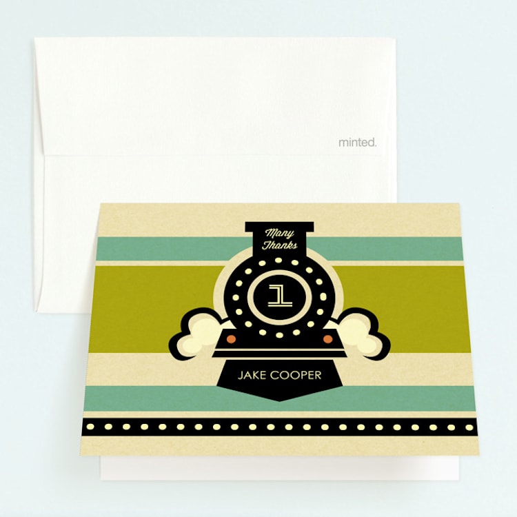 "Vintage Rail" - Children's Birthday Party Thank You Cards in Teal by Rochelle Renee - Front