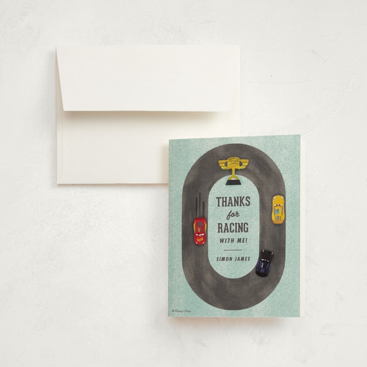 "Disney and Pixar Cars Dinoco 400" - Children's Birthday Party Thank You Cards in Sky by Carly Reed Walker - Front