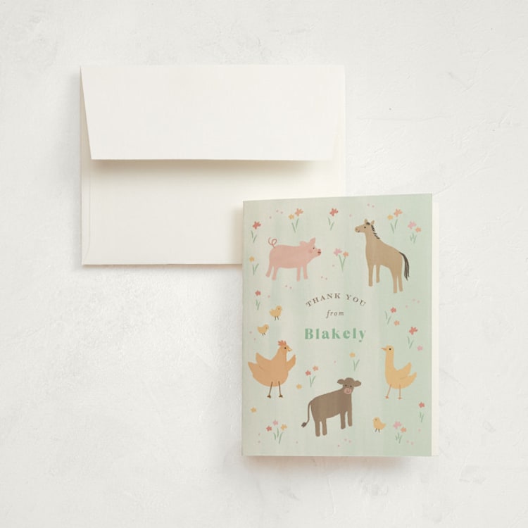 "storybook farm" - Children's Birthday Party Thank You Cards in Mint by Jennifer Wick - Front