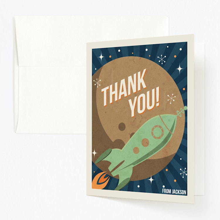 "Retro Rocket" - Children's Birthday Party Thank You Cards in Alien by Jennifer Morehead - Front