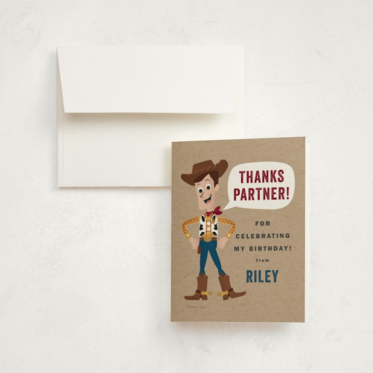 "Disney and Pixar's Howdy Woody" - Children's Birthday Party Thank You Cards in Rustic by Oma N. Ramkhelawan - Front