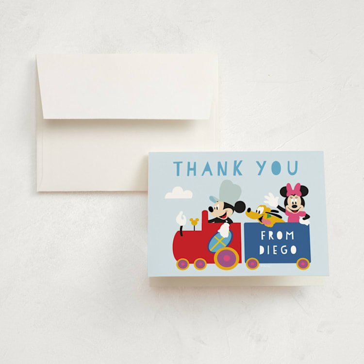 "Disney Mickey & Friends Birthday Train" - Children's Birthday Party Thank You Cards in Sky by Madhvi Samimi - Front