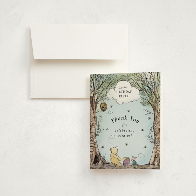 "Disney's Winnie the Pooh in the Wood" - Children's Birthday Party Thank You Cards in Sky by Becky Nimoy - Front