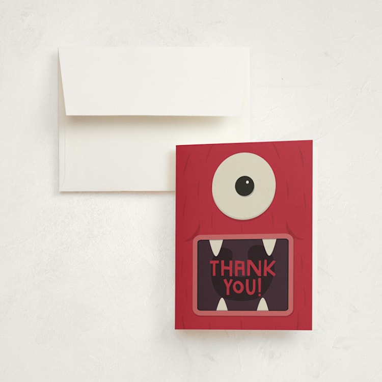 "Monster Party" - Children's Birthday Party Thank You Cards in Scary Scarlet by Lori James - Front