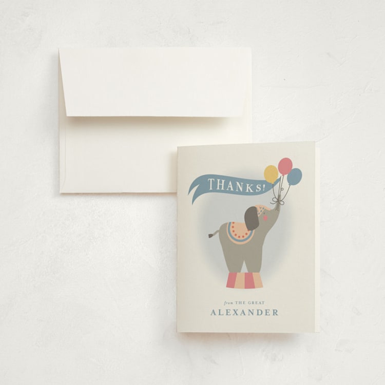"Step Right Up" - Children's Birthday Party Thank You Cards in Sky by Joanna Griffin - Front