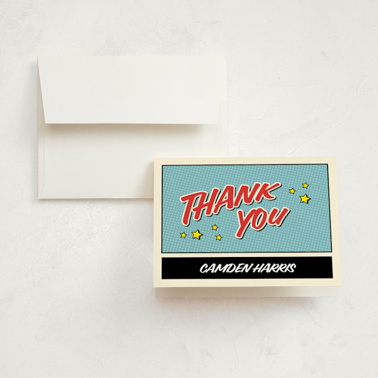 "Superhero Birthday Party" - Children's Birthday Party Thank You Cards in Steel by Nam Bourassa - Front