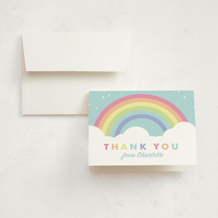 "Pastel Rainbow Sparkles" - Children's Birthday Party Thank You Cards in Mint by Maria Alou - Front