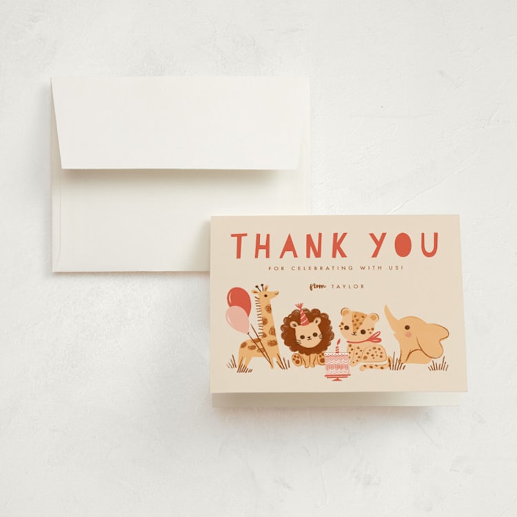 "It's a party" - Children's Birthday Party Thank You Cards in Poppy by Vivian Yiwing - Front