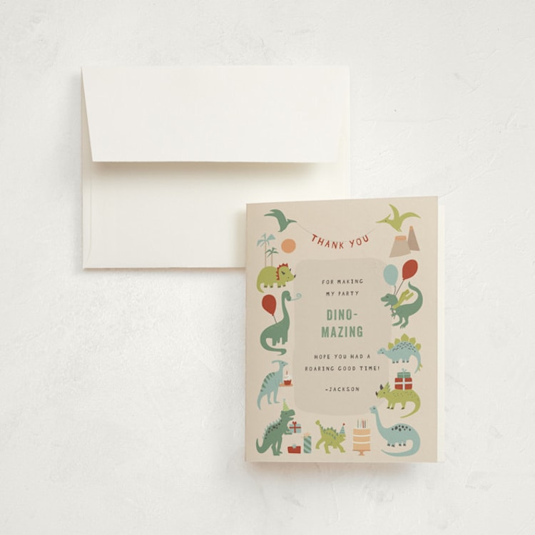 "Dino Party" - Children's Birthday Party Thank You Cards in Sand by Teju Reval - Front