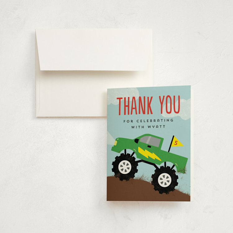 "Monster Truck" - Children's Birthday Party Thank You Cards in Lime by Erica Krystek - Front