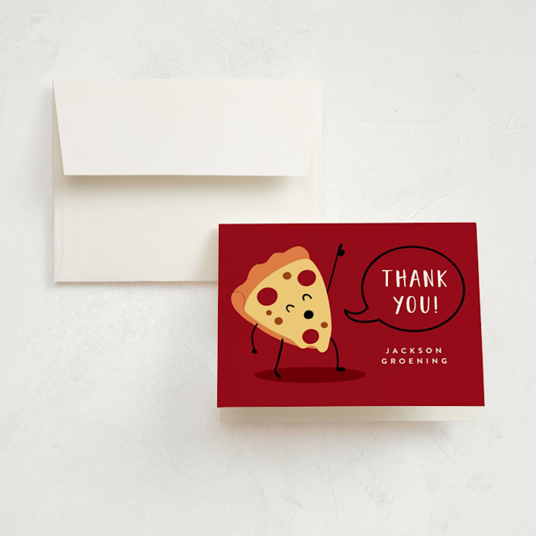 "It's A Pizza Party" - Children's Birthday Party Thank You Cards in Tomato by Katie Zimpel - Front