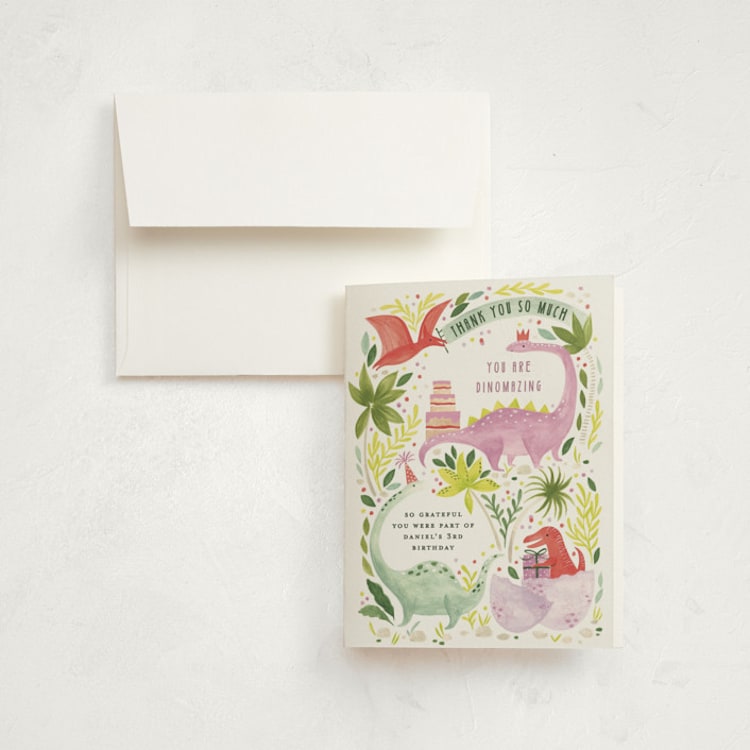 "Party Dinos" - Children's Birthday Party Thank You Cards in Forest by Sarah Knight - Front