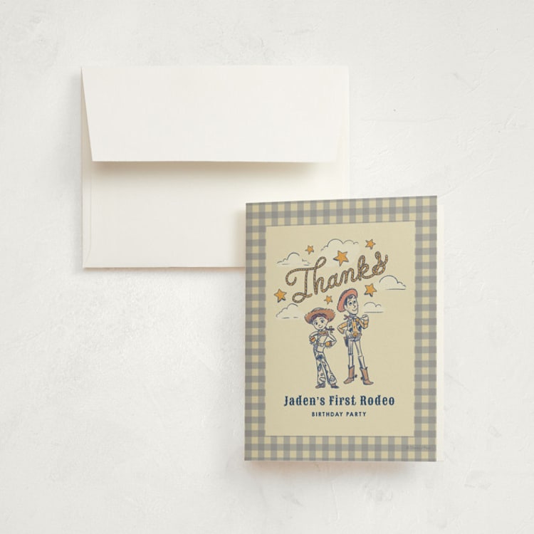 "Disney and Pixar's Woody and Jessie Toy Story 2 Rodeo" - Children's Birthday Party Thank You Cards in Bluebell by Becky Nimoy - Front