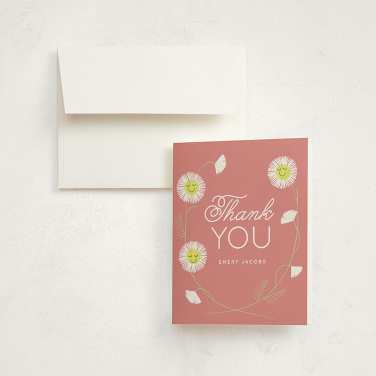 "Daisy Smiles" - Children's Birthday Party Thank You Cards in Petal by Baumbirdy - Front