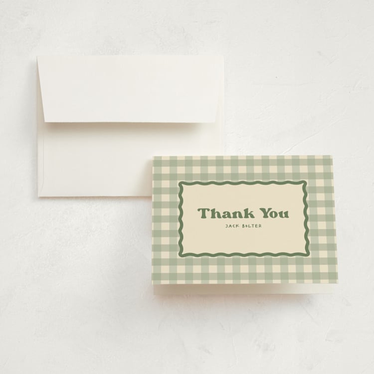 "One Happy Camper" - Children's Birthday Party Thank You Cards in Sage by Creo Study - Front