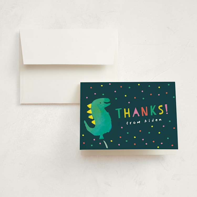 "Dinosaur Balloon" - Children's Birthday Party Thank You Cards in Teal by Lori Wemple - Front