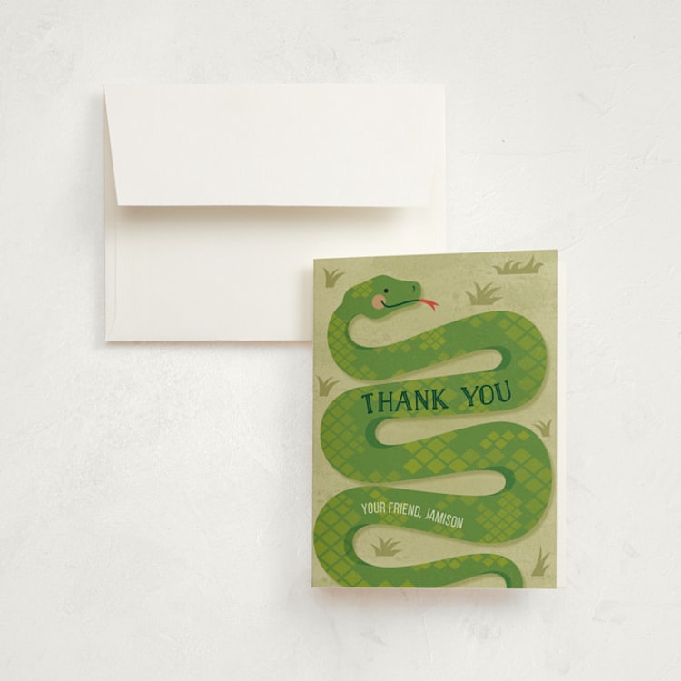 "Slithering Snake" - Children's Birthday Party Thank You Cards in Grass by Jessica Ogden - Front