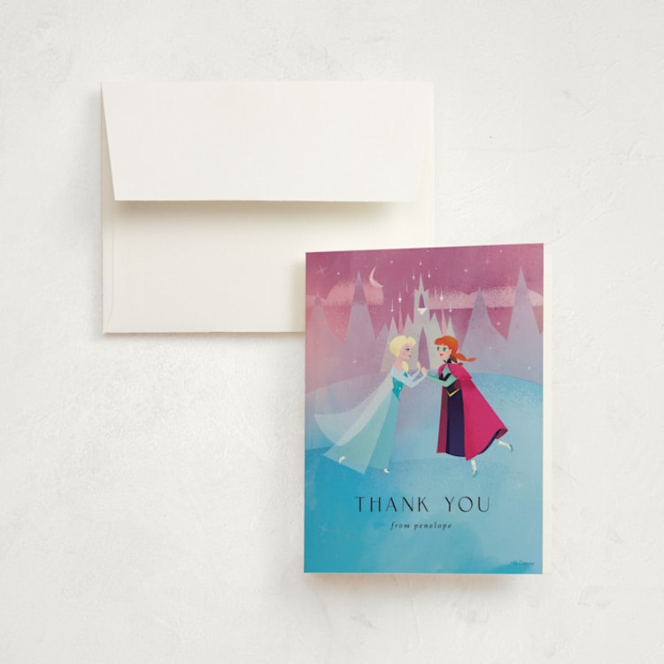 "Elsa and Anna from Disney's Frozen" - Children's Birthday Party Thank You Cards in Twilight by Lori Wemple - Front