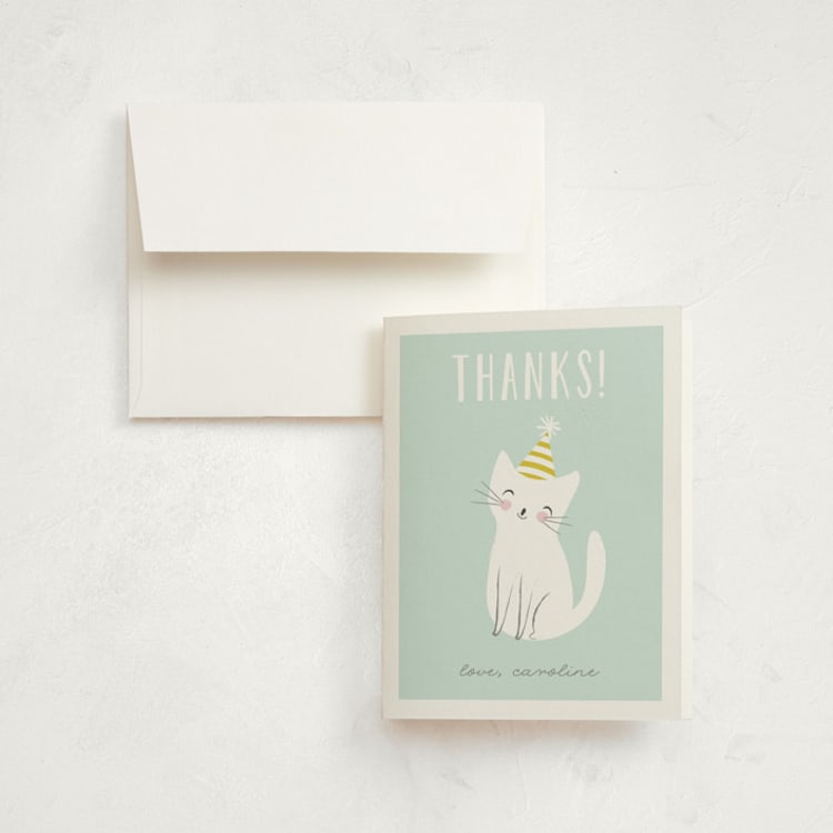 "Party cat" - Children's Birthday Party Thank You Cards in Spearmint by Angela Thompson - Front