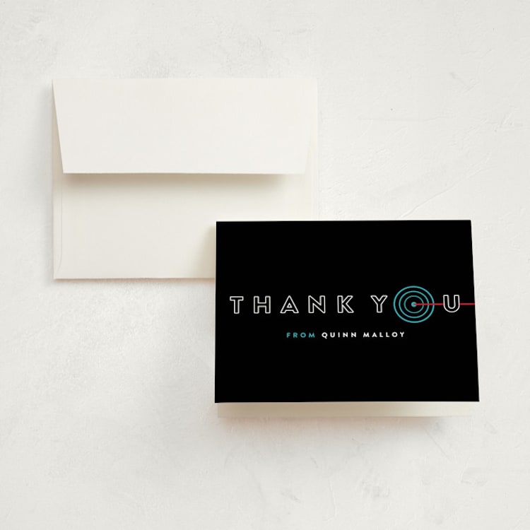 "Laser Target" - Children's Birthday Party Thank You Cards in Electric Blue by Melissa Egan of Pistols - Front
