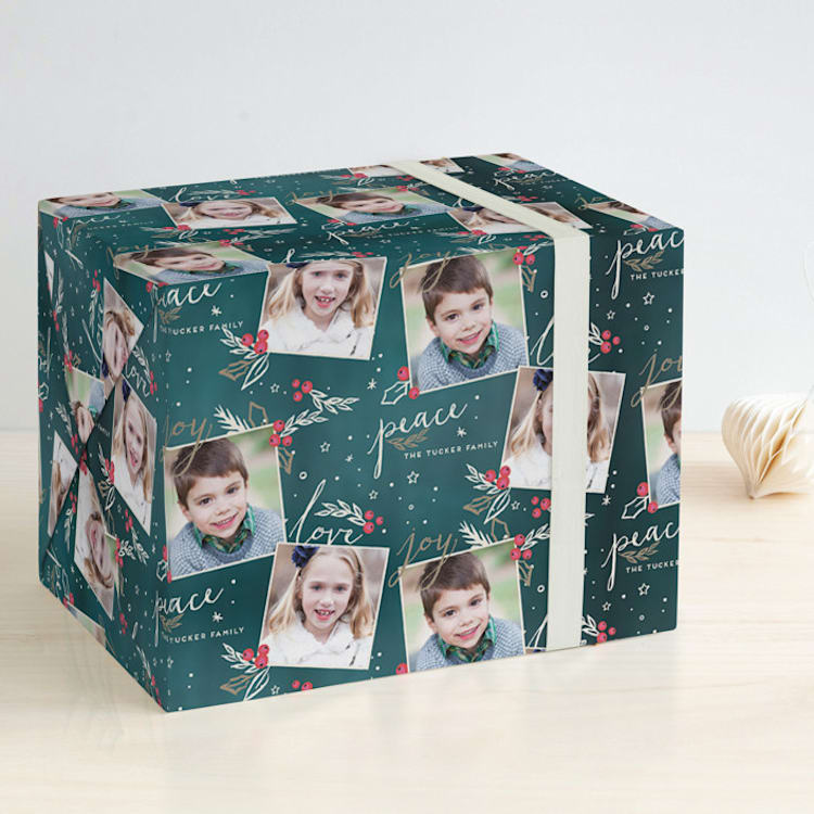"Berry Love Peace Joy" - Personalized Wrapping Paper in Teal by Petra Kern - Front