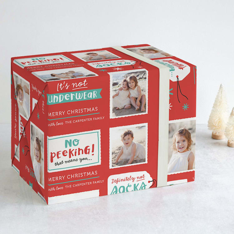 "No Peeking" - Personalized Wrapping Paper in Stocking by Kelly Nasuta - Front