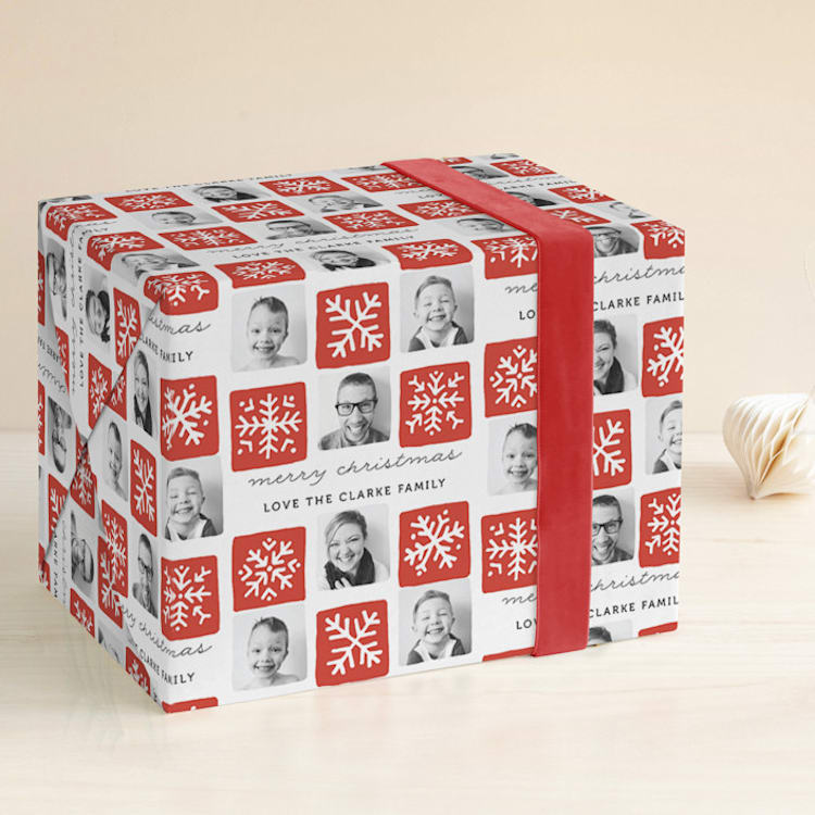 "Snowflake Squares" - Personalized Wrapping Paper in Crimson by Kelly Nasuta - Front