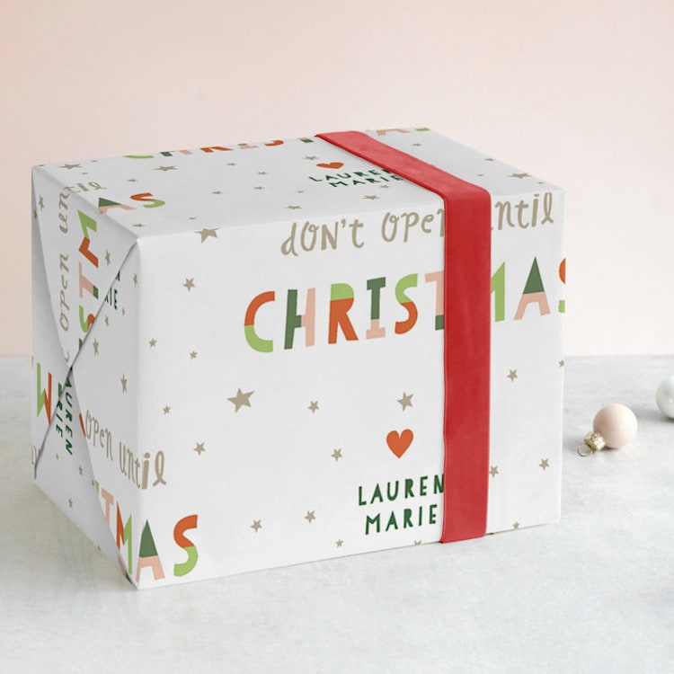 "Don't Open Until" - Personalized Wrapping Paper in Holly by Pixel and Hank - Front