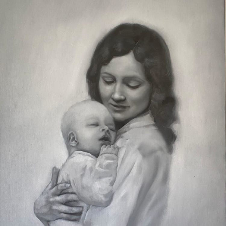 "Black and White Portrait, 16 x 20 in., Painting Commission" - Commissioned Original Painting in black by Emily Morris