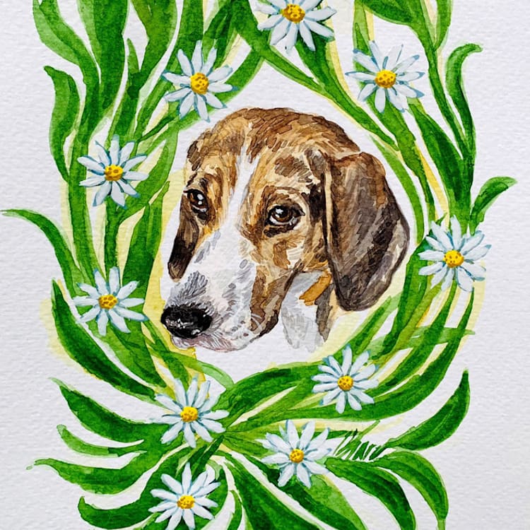 "Floral Watercolor Pet Portrait" - Commissioned Original Painting in multicolor by Gian Brack