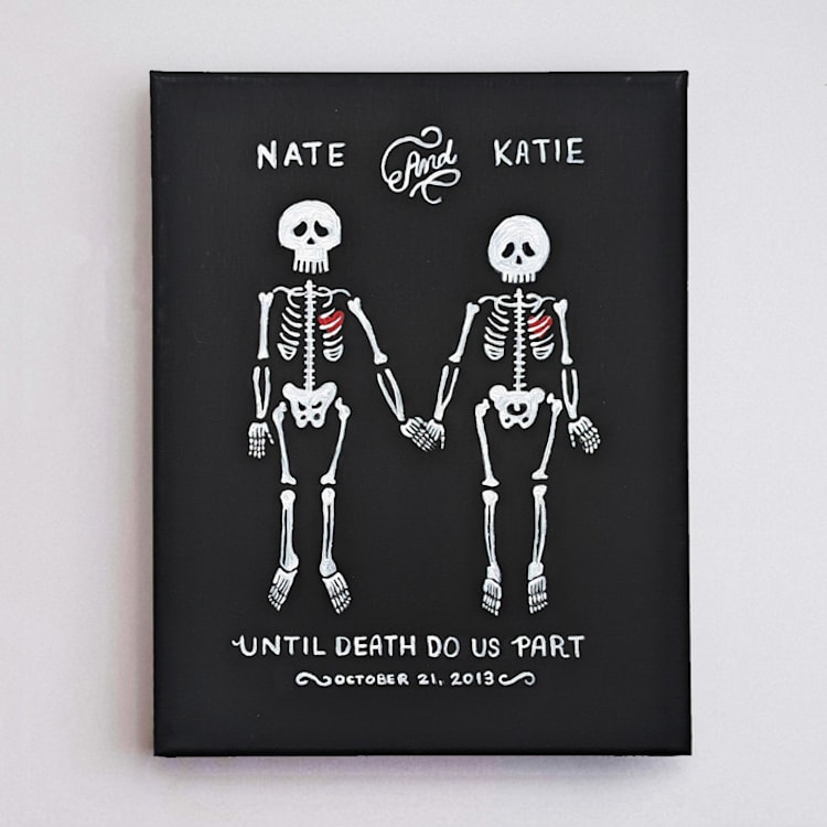 "Until Death Couple Portrait | 11" x 14"| Acrylic Painting Commission" - Commissioned Original Painting in black by Katie Zimpel