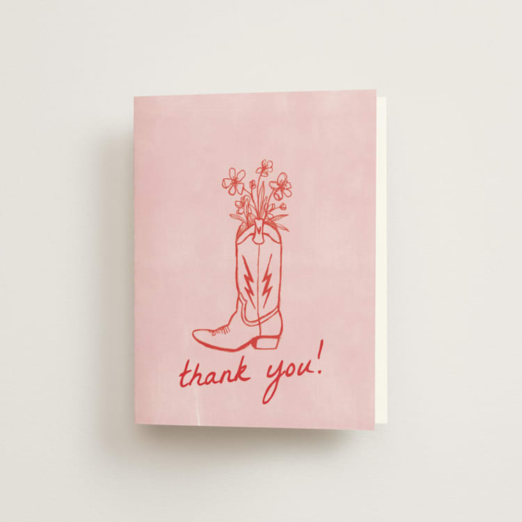 "Party Boots" - Bachelorette Party Thank You Cards in Strawberry by Erin Kessler - Front
