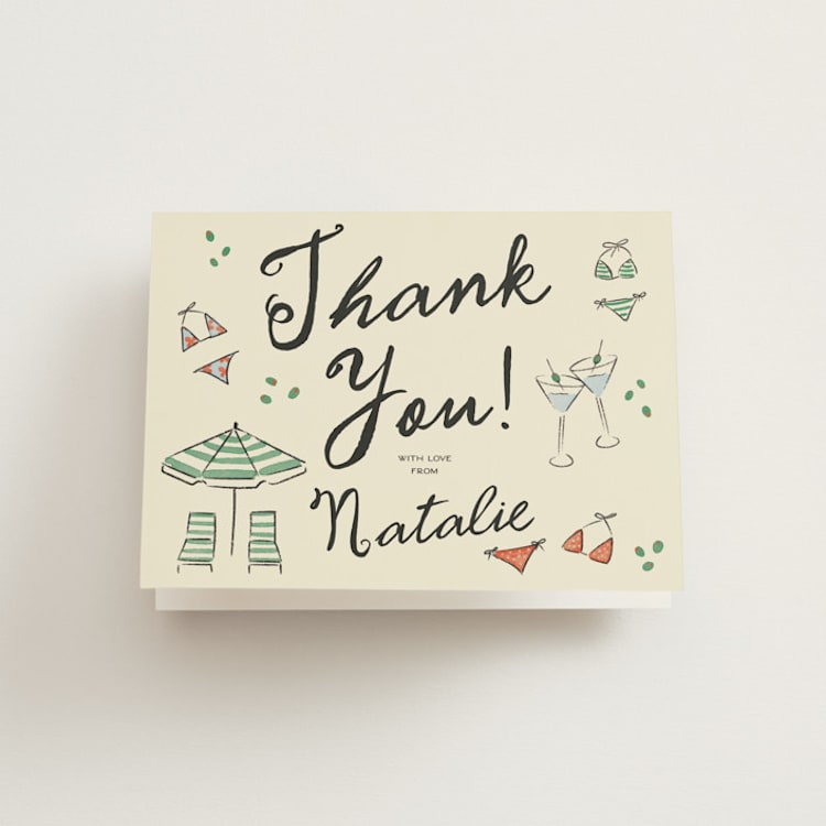 "Tinis and Bikinis" - Bachelorette Party Thank You Cards in Palm by Jenna Holcomb - Front