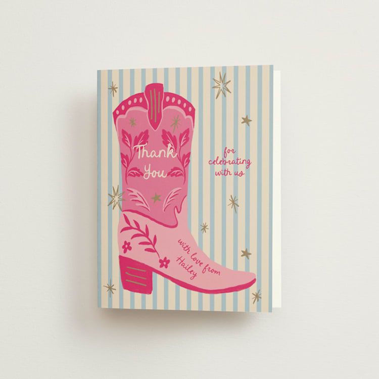 "Rodeo" - Bachelorette Party Thank You Cards in Flamingo by Elly - Front