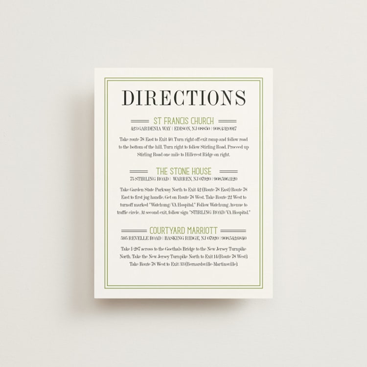 "Wed in Type" - Direction Cards in Moss by Ariel Rutland - Front