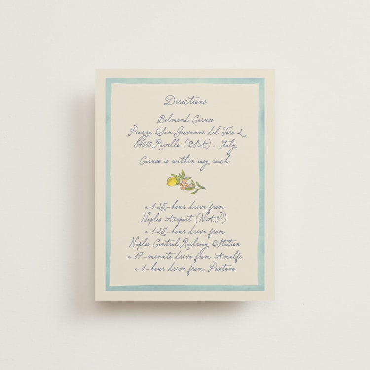 "Amalfi Coast Wedding" - Direction Cards in Aqua by Chris Griffith - Front
