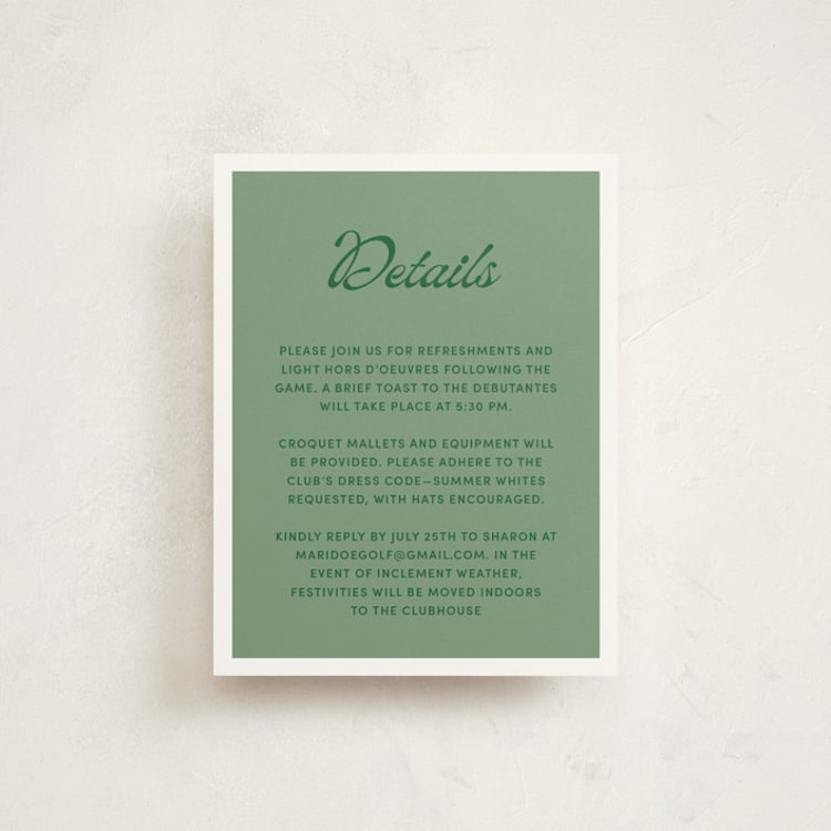 "Argyle" - Debutante Party Enclosure Cards in Green Lawn by Inkblot Design - Front
