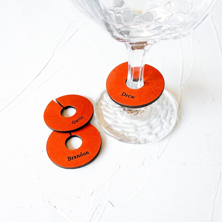 "Personalized Leather Wine Glass Charms, Set of 10" - Drink Tags and Charms in brown by Left Grain