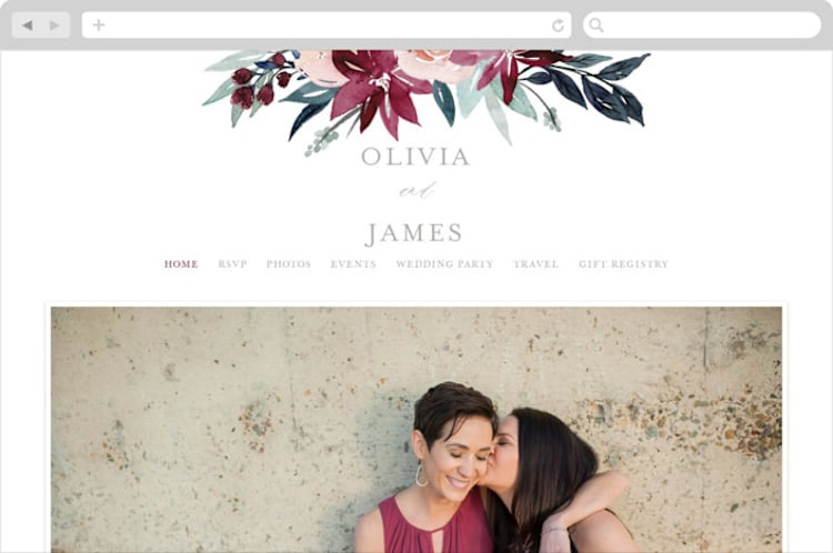 "Garden Stroll" - Wedding Website in Burgundy by Creo Study - Desktop Design
