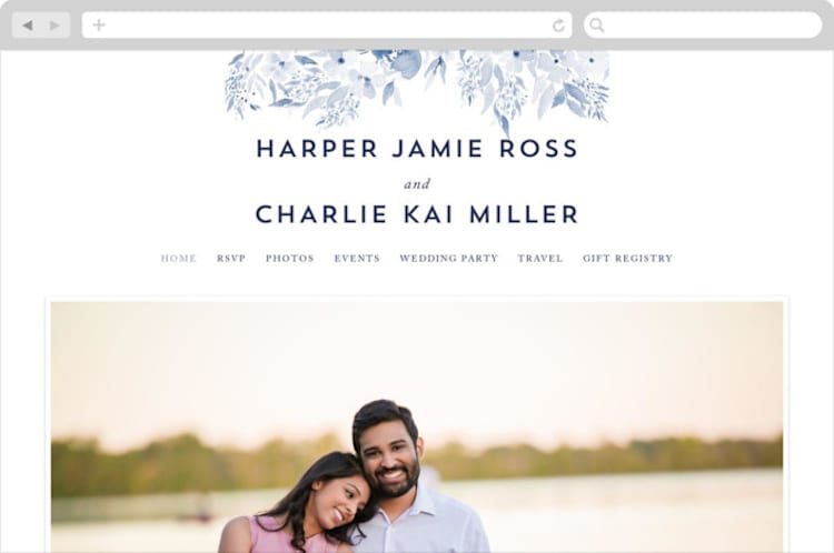 "Poetic Watercolor Flowers" - Wedding Website in Periwinkle by Qing Ji - Desktop Design