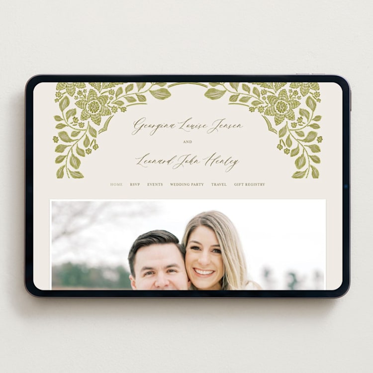 "Embroidered" - Wedding Website in Chartreuse by Jen Owens - Desktop Design