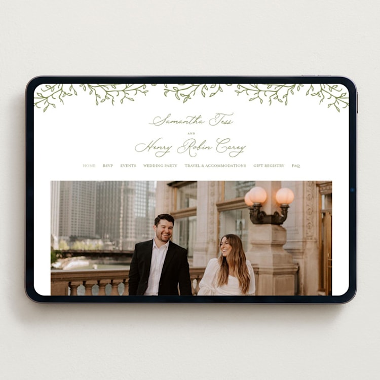 "Garden Script" - Wedding Website in Pistachio by Katherine Moynagh - Desktop Design