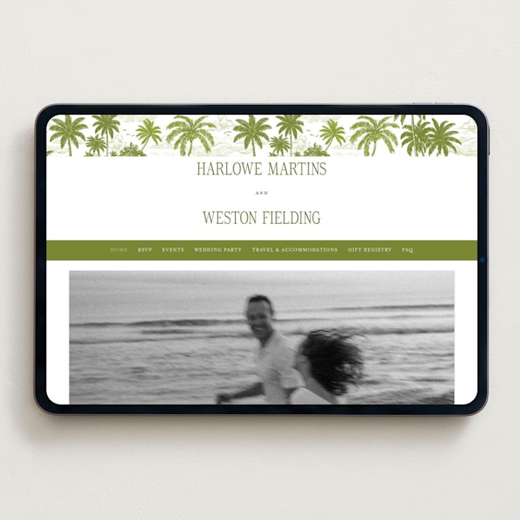 "West Coast Toile" - Wedding Website in Palm by Jenna Holcomb - Desktop Design