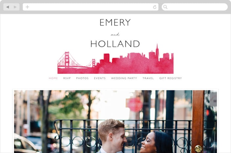 "Skyline San Francisco Wedding Invitations" - Wedding Website in Magenta by Laura Condouris - Desktop Design